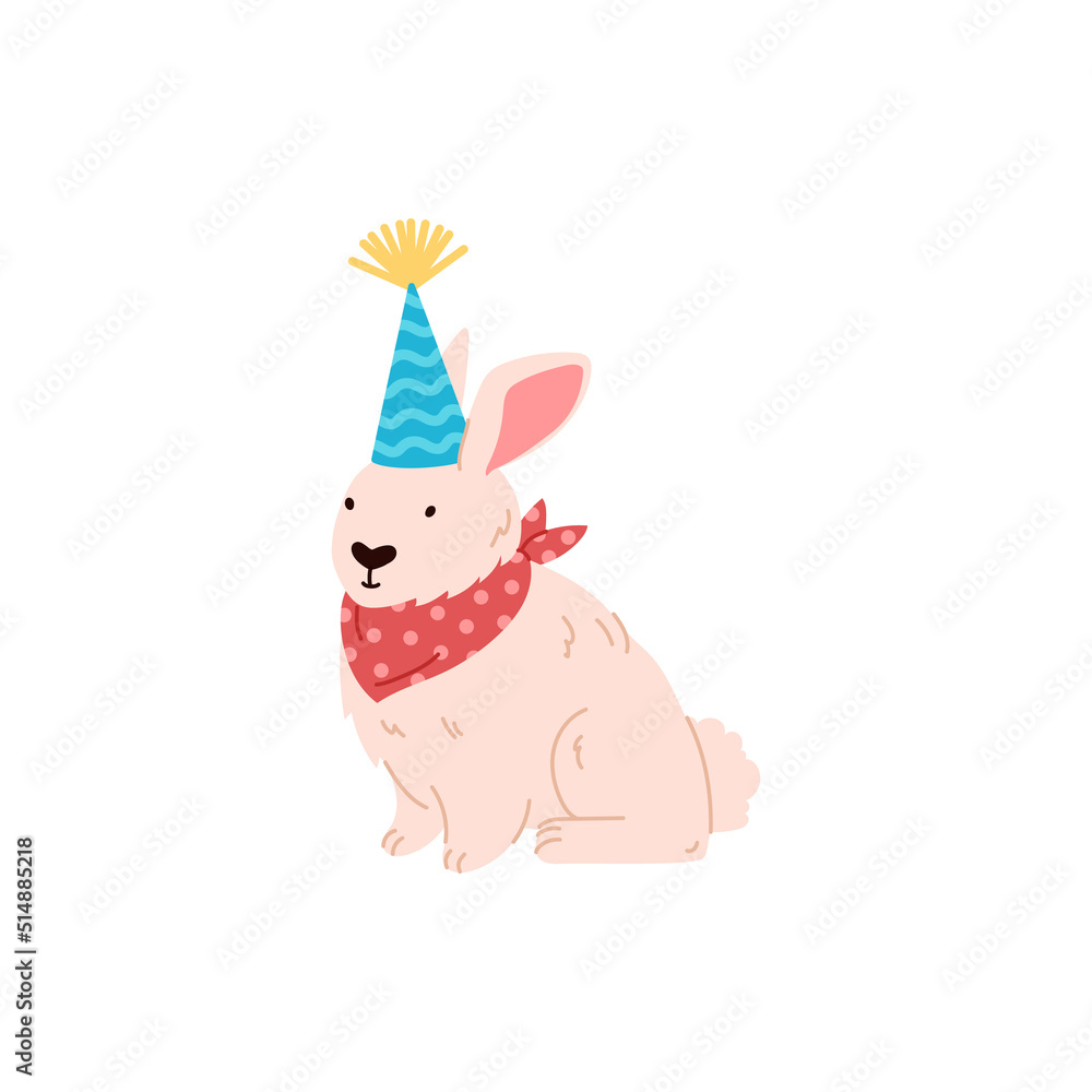 Obraz premium Cute rabbit in cone hat celebrating birthday, flat vector illustration isolated on white background.