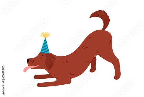 Happy dog wearing cone hat, flat vector illustration isolated on white background.