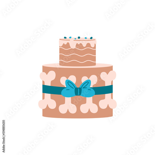 Layered cake for dog birthday party with decorated bones, flat vector illustration isolated on white background.