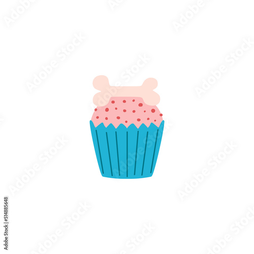 Sweet cupcake or muffin with bone for dog birthday party, flat vector illustration isolated on white background.
