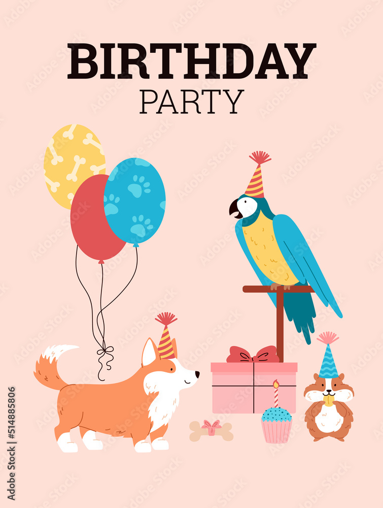 Fototapeta premium Pet birthday party greeting card with cute corgi, parrot and hamster - flat vector illustration.