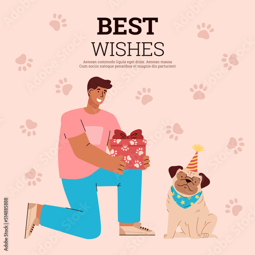 Dog owner giving present box to pug, greeting card template - flat vector illustration.