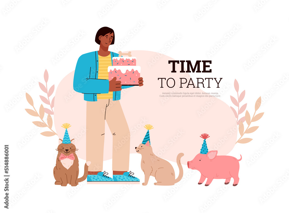 Pet birthday party greeting or invitation card, man holding cake for cats and pig, flat vector illustration.