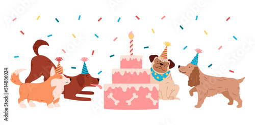 Cute happy dogs in holiday hats on pet birthday party flat style