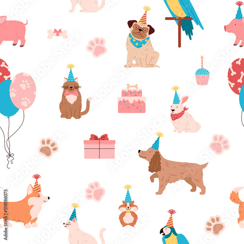 Pets birthday party seamless pattern with cute dogs, cats, hamster and parrot - flat vector illustration.
