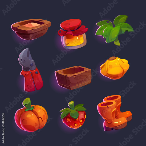 Set of game icons, gardening and farm cartoon elements. Vector trough and wooden box, squash, pumpkin and green spinach, rubber boots and scissors, honey in jar and strawberry isolated on dark
