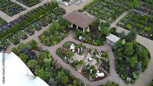 aerial view of garden shop. working people. potted plants