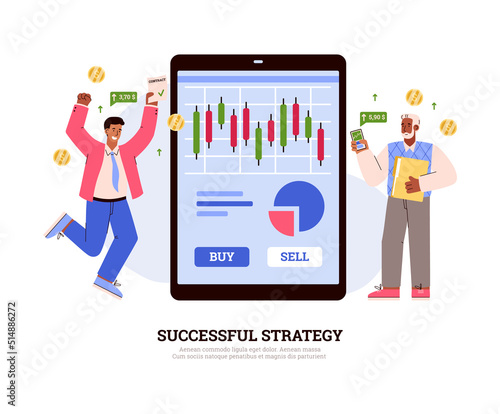 Successful strategy in stock or share market, stock exchange online with tablet, flat vector illustration on white.