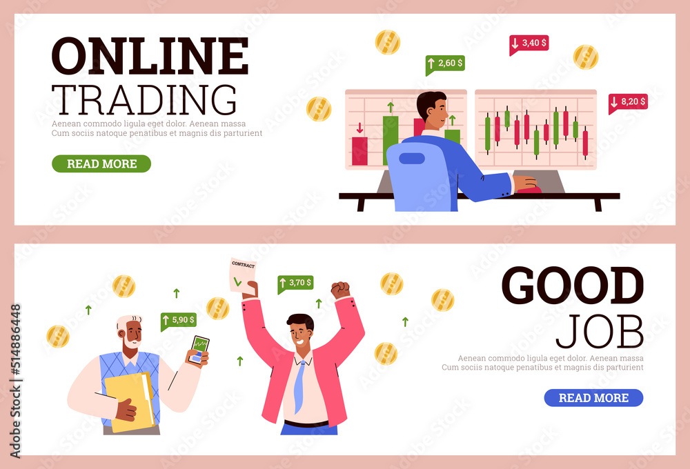Online trading and stock market web banners set, flat vector illustration.