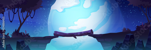 Fantasy background with log bridge above precipice between cliffs in jungle and alien planet in night sky. Vector cartoon illustration of fantastic landscape with trees, rocks, stars and ice moon