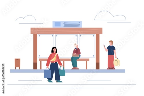 Bus stop with people waiting for transport, flat vector illustration isolated.