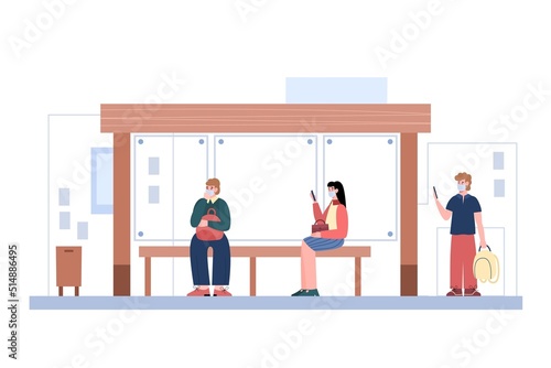 Bus stop with people wearing masks to prevent infection, flat vector isolated.