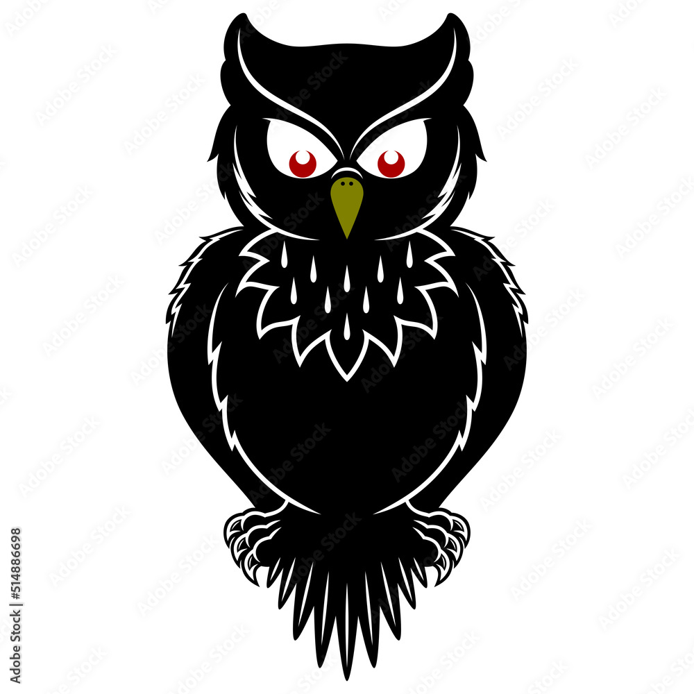 Vector design of black owl, black feathered nocturnal bird of prey