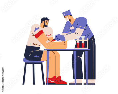 Doping control with sportsman taking blood test, vector illustration isolated.