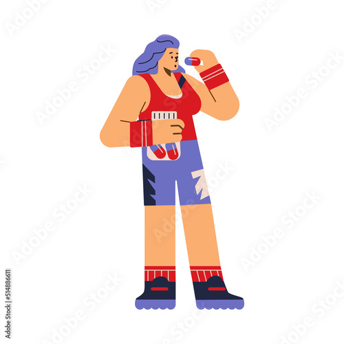 Athletic woman getting supplement drugs, flat vector illustration isolated.