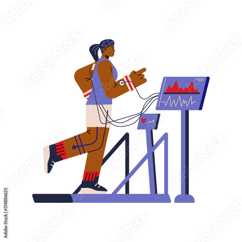 Sportswoman running on treadmill, many sensors, measuring vital signs flat style