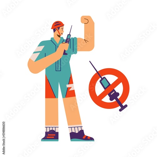 Man injecting with doping syringe, flat vector illustration isolated on white background.