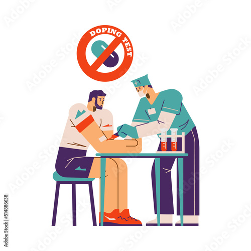 Anti-doping banner with sportsman has blood test, vector illustration isolated.