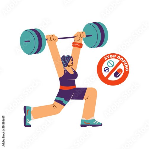 Smiling muscular sportswoman lifts heavy barbell flat style