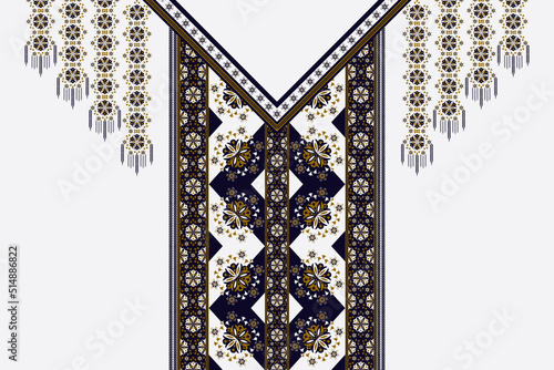 Vector ethnic neck embroidery V-shape geometric flower with triangle pattern design on white color background. Elegant tribal art fashion for shirts.