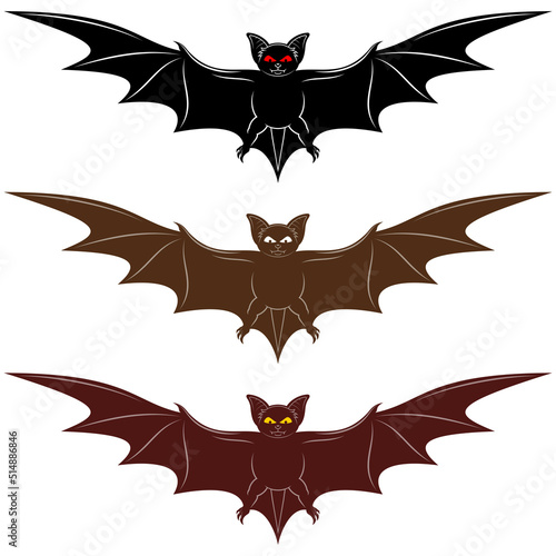 Vector design of two flying mammals, bat in two colors. All on white background.