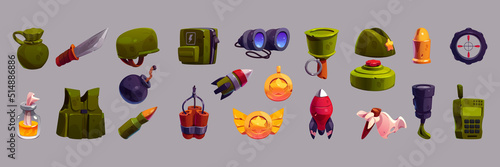 Military game icons cartoon vector set. Isolated war weapon collection, bomb, bullet and rocket, knife and water flask, compass and walkie talkie, protection vest and helmet