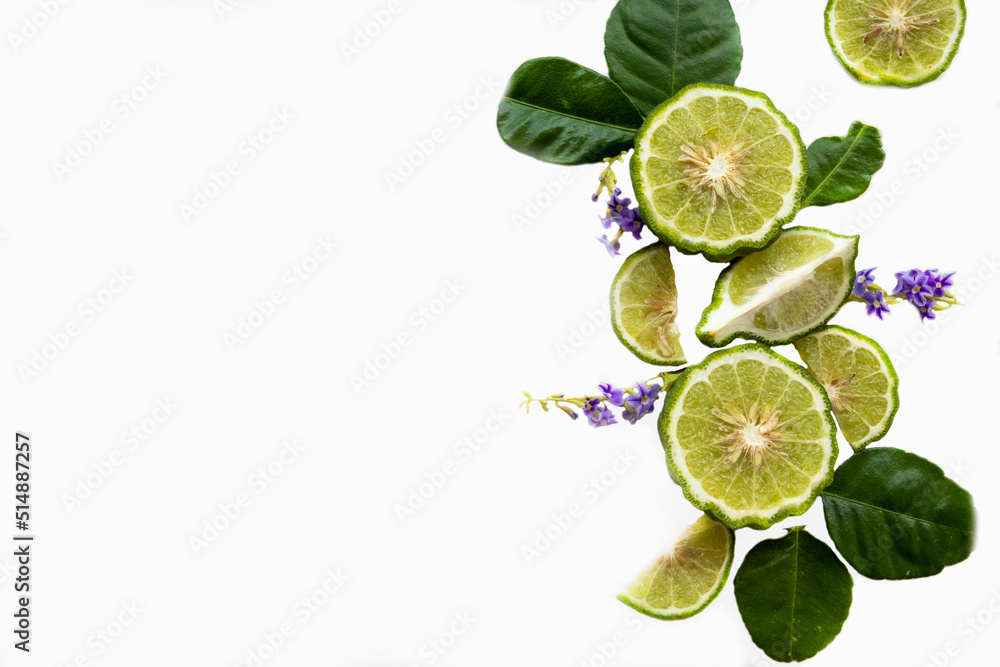 kiffir lime slice herbal vegetables local of asia arrangement flat lay postcard style on background white - obrazy, fototapety, plakaty 