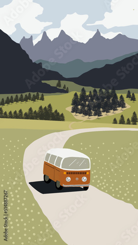 Travel by van car camper in the mountain for wallpaper, postcards, illustration posters, banners, advertising, nature landscape background