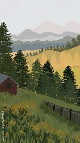 House on the mountain for wallpaper, postcard, illustration poster, banner, advertising, Nature landscape background