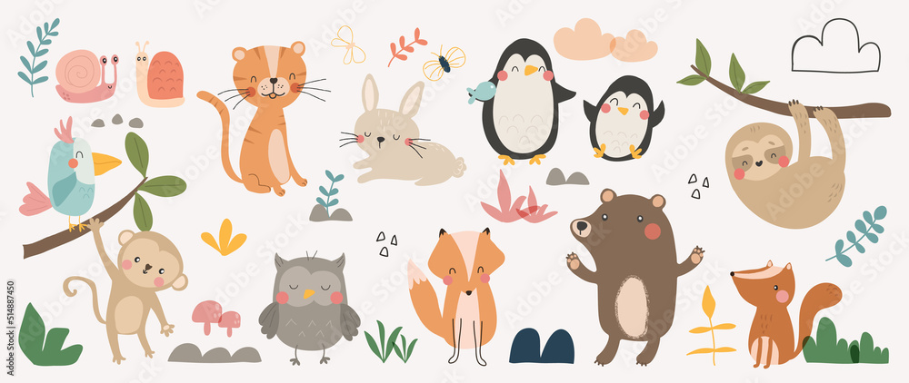 Set of cute animal vector. Friendly wildlife with penguin, rabbit, monkey, owl, sloth, bear in doodle pattern. Adorable funny animal and many characters hand drawn collection on white background.