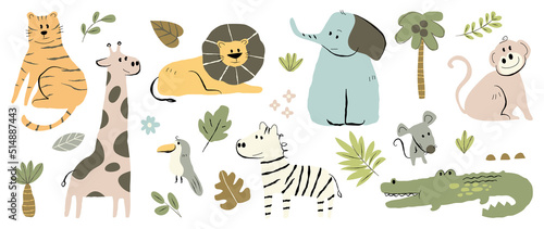 Set of cute animal vector. Friendly wild life with tiger, lion, zebra, elephant, crocodile in doodle pattern. Adorable funny animal and many characters hand drawn collection on white background.
