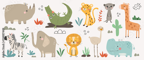 Set of cute animal vector. Friendly wildlife with leopard, crocodile, rhino, zebra, elephant in doodle pattern. Adorable funny animal and many characters hand drawn collection on white background.