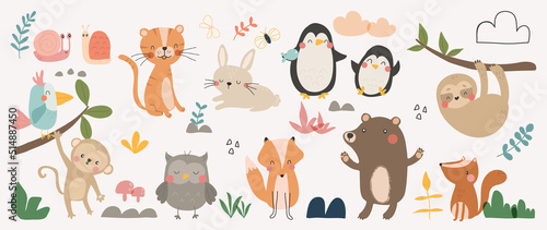 Set of cute animal vector. Friendly wildlife with penguin, rabbit, monkey, owl, sloth, bear in doodle pattern. Adorable funny animal and many characters hand drawn collection on white background. photo