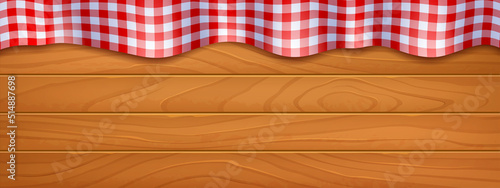 Wooden surface of picnic table with gingham tablecloth top view. Vector banner with wood texture of tabletop or counter with cloth with white and red plaid pattern