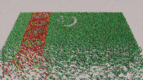 A Crowd of People gathering to form the Flag of Turkmenistan. Turkmen Banner on White. photo
