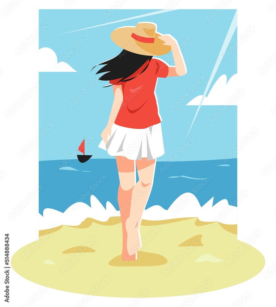 back view illustration of girl wearing beach hat walking on the beach ...