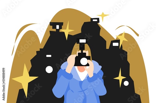 illustration of paparazzi taking pictures with camera. flash. many paparazzi silhouettes. celebrity, actress, actor, profession concept. flat vector photo