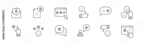 Rate icons set in doodle style, isolated vector rating and review linear signs. Star, envelope, smiling emoji, like thumb up and speech bubble. Positive or negative customer feedback, Line art symbols