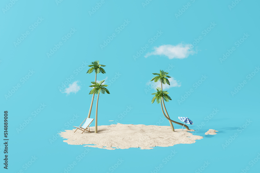 Summer beach vacation scene with blue background. 3d rendering - obrazy, fototapety, plakaty 