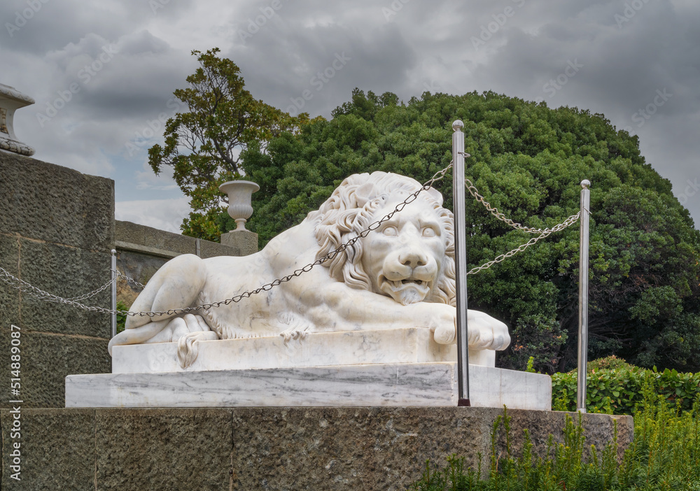 One of the ancient marble lions of the Vorontsov Palace in Crimea. Summer. Close-up.