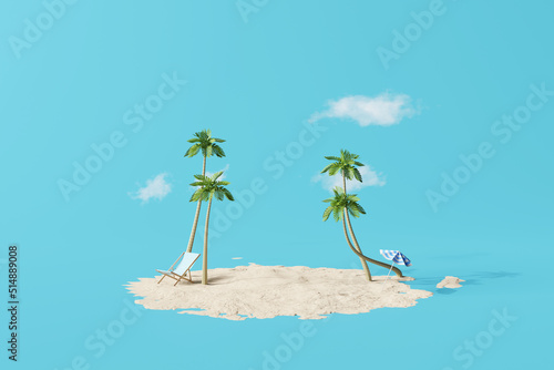 Summer beach vacation scene with blue background. 3d rendering