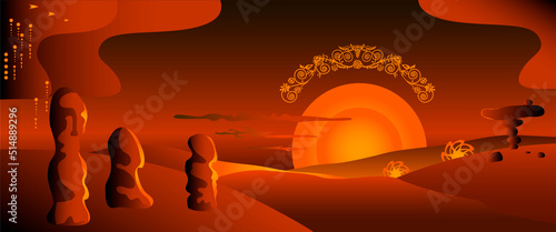 Scythian mound and ancient stone sculptures on the background of the steppe landscape at sunrise
