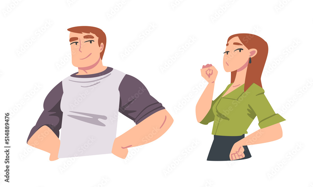 Confident Young Man and Woman Standing with Hands on Hips Expressing Self Pride Vector Set