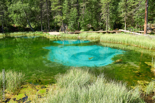 Geyser lake close-up. Picturesque place  beautiful nature. The formation of the lake after the earthquake.