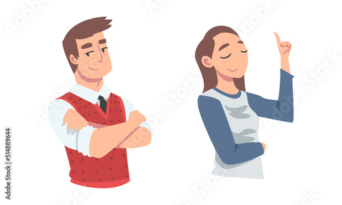 Confident Young Man and Woman Standing with Folded Arms Expressing Self Pride Vector Set