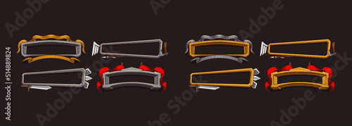 Fantasy frames with medieval weapon for rpg game ui design. Vector cartoon set of empty banners with old gold and silver borders, sword, arrows, horns and flags isolated on black background
