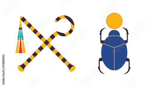 Ancient Egyptian Symbol with Crossed Sceptre and Whip and Scarab Beetle Vector Set