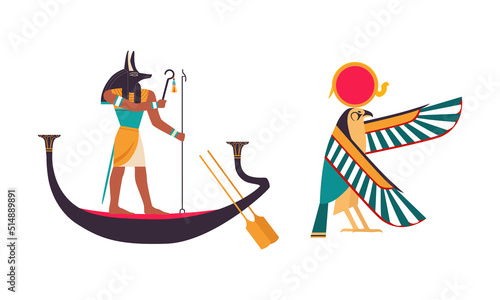 Anubis or Inpu on Boat as Ancient Egyptian God of Death and Horus Deity Vector Set