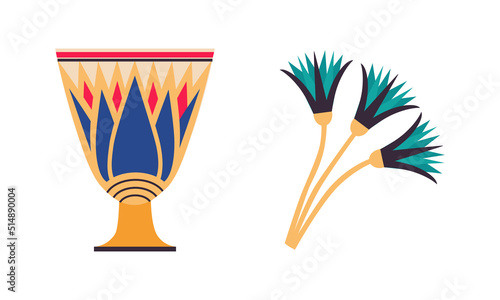 Egyptian Goblet with Old Floral Ornament and Lotus Flower Vector Set