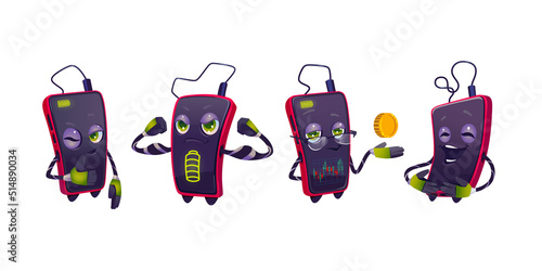 Cute smartphone character, mobile phone mascot in different poses. Vector cartoon set of gadget with thumb up, stock market graph, full battery charge and laugh